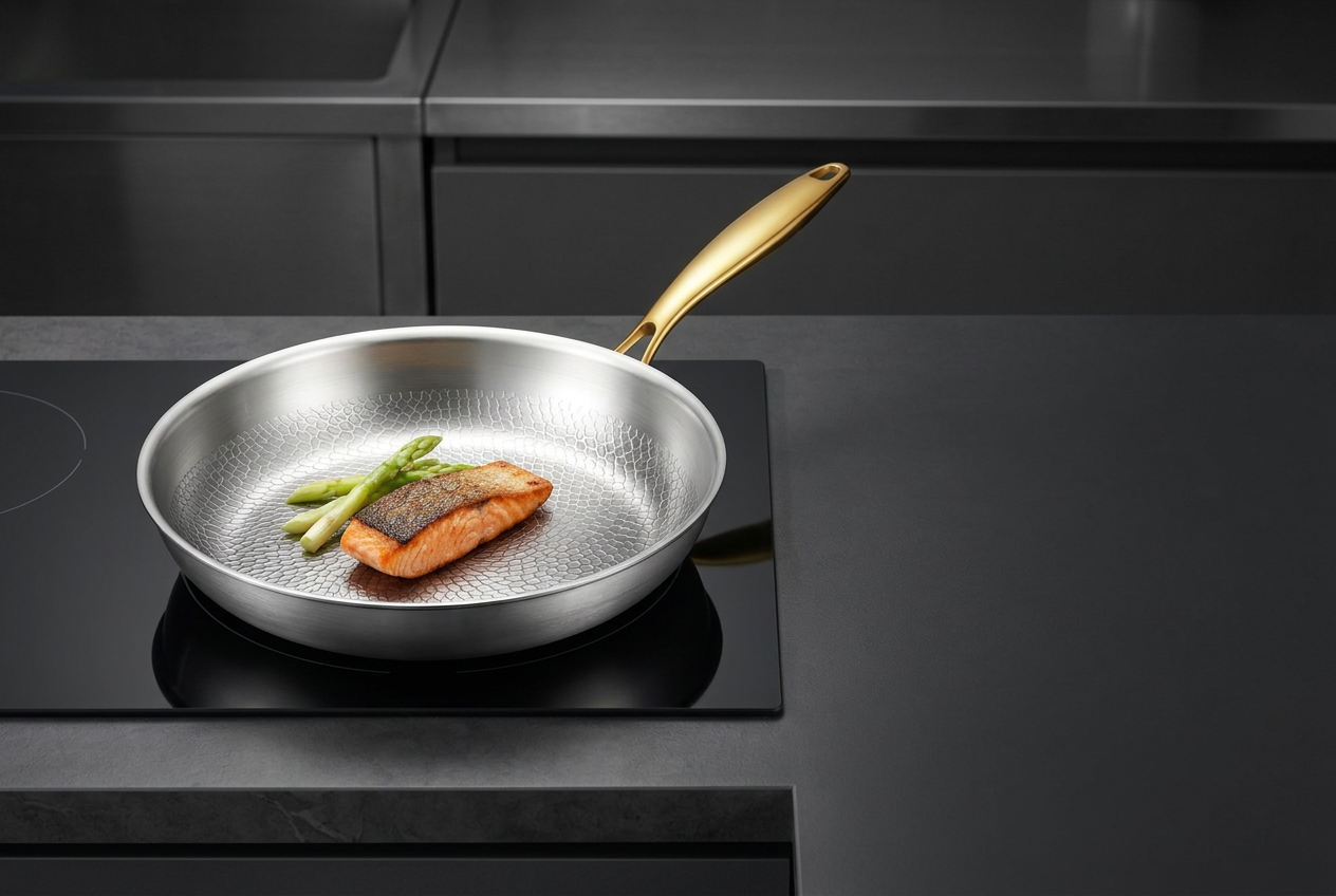 מחבת TitanChef עם ידית זהב, דוגמת קשקשים גלויה, סלמון ואספרגוס על כיריים